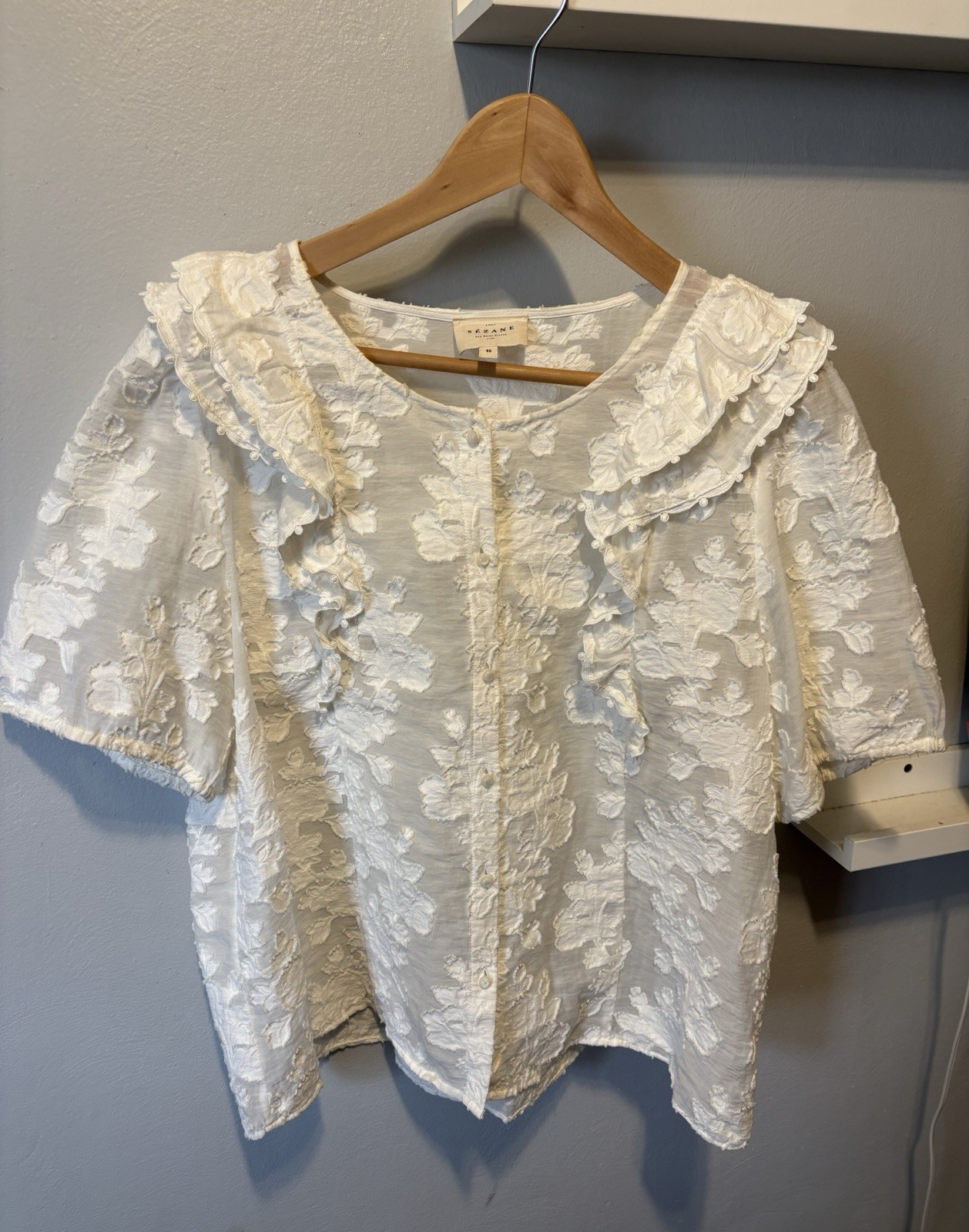 Sezane Jordanna Blouse, Ecru, Size 46 France, 12 US, Very Good Preowned Cond