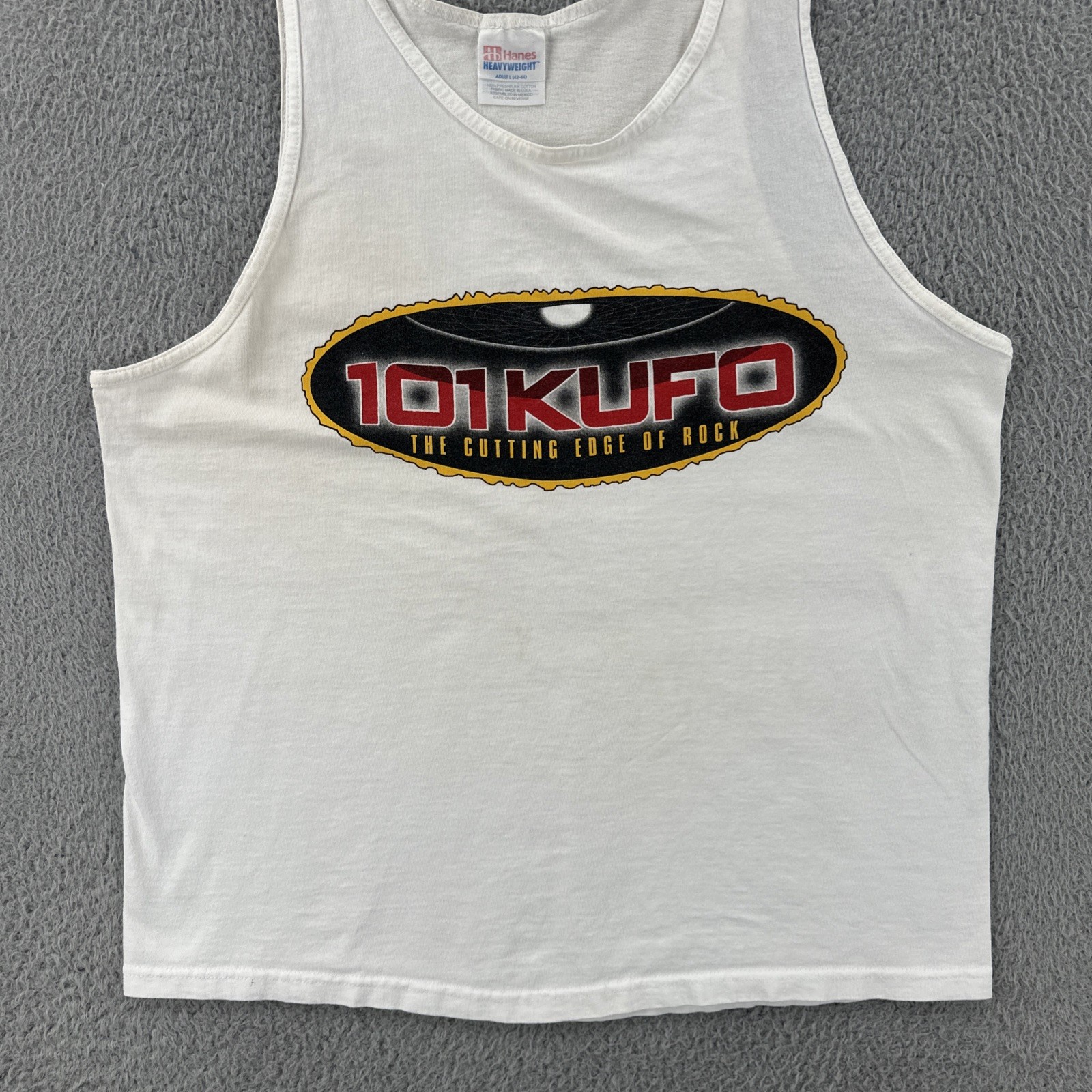 Vintage Hanes Men’s L White Sleeveless Shirt 101 KUFO the Edge Of Rock Radio Tee
