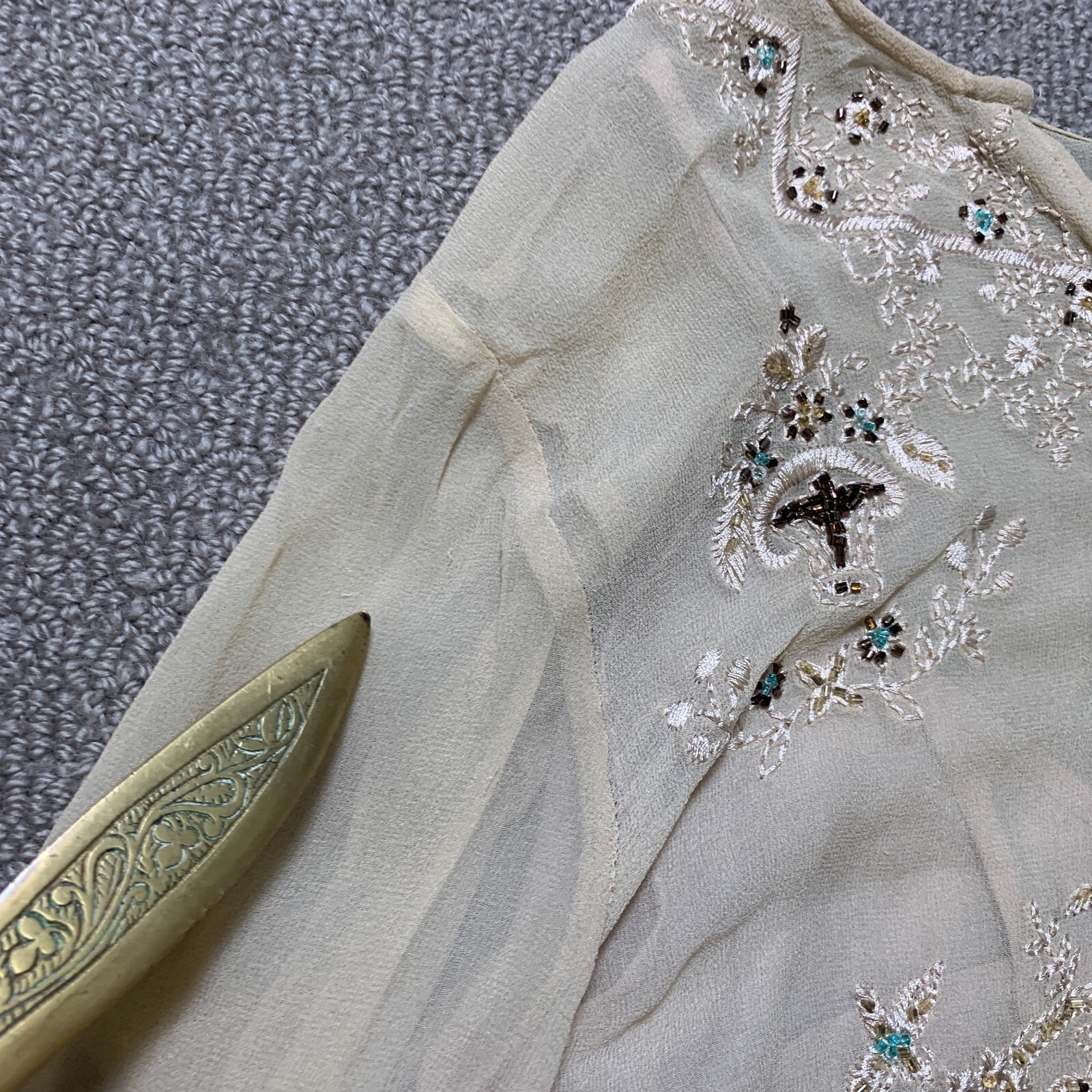 Silkland Layer Top Womens L Silk Semi Sheer Boho Coastal Cowgirl Embroider Bead