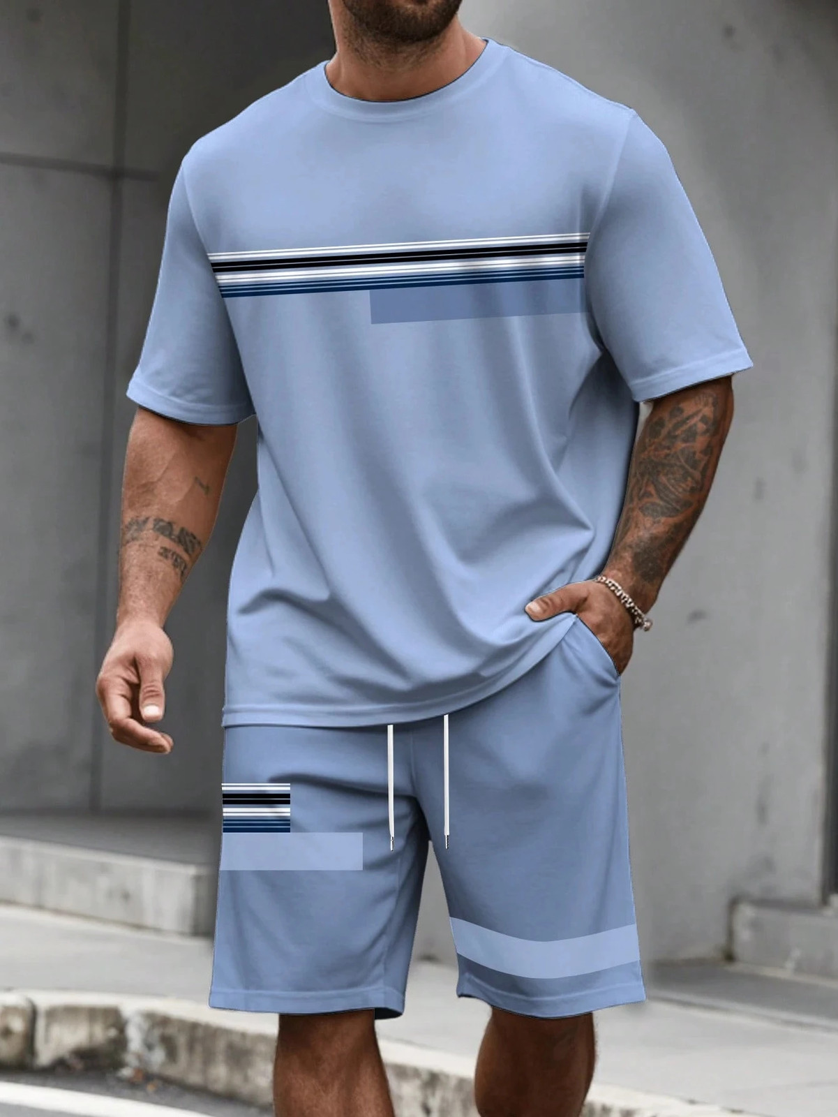 Casual Stripe Printed T-shirt Shorts Set Large Size Loose Men’s Short Sleeve Tee