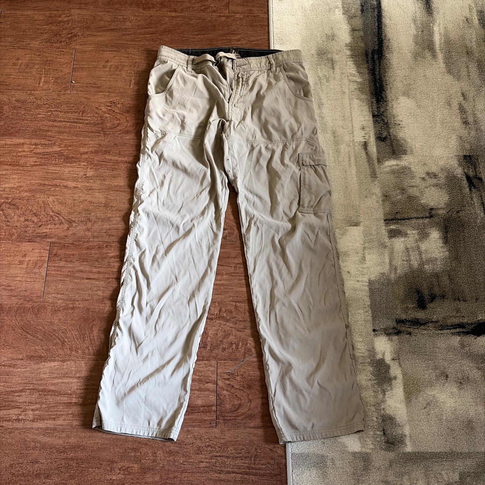 PrAna Stretch Zion Cargo Hiking Pants Mens 32×34 Khaki Nylon Roll Up Trail
