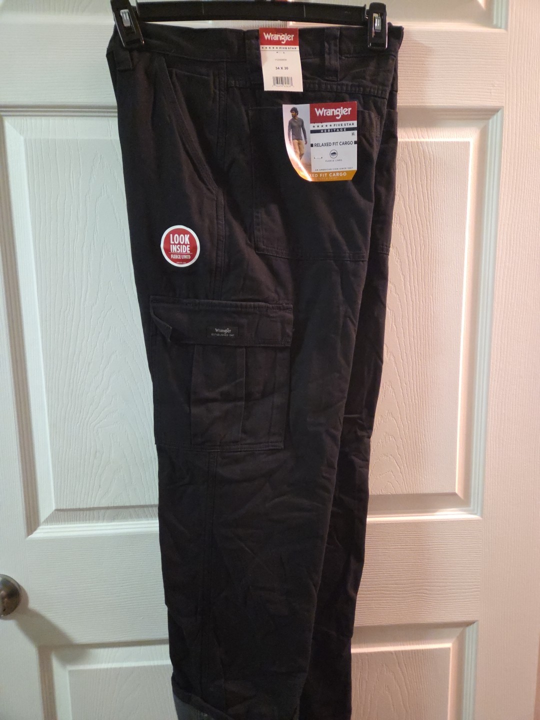 Wrangler Mens Fleece Lined Relaxed Fit Cargo Black Cotton Pants Size 34×30 NWT