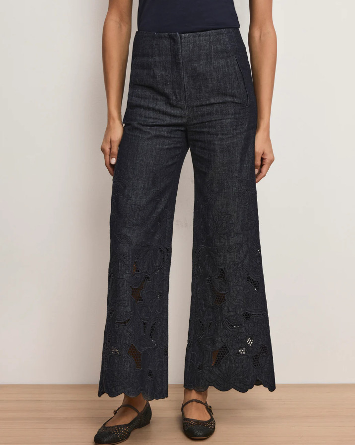 NEW VERONICA BEARD Osborne Wide-Leg Eyelet Pant Indigo Rinse 0-12