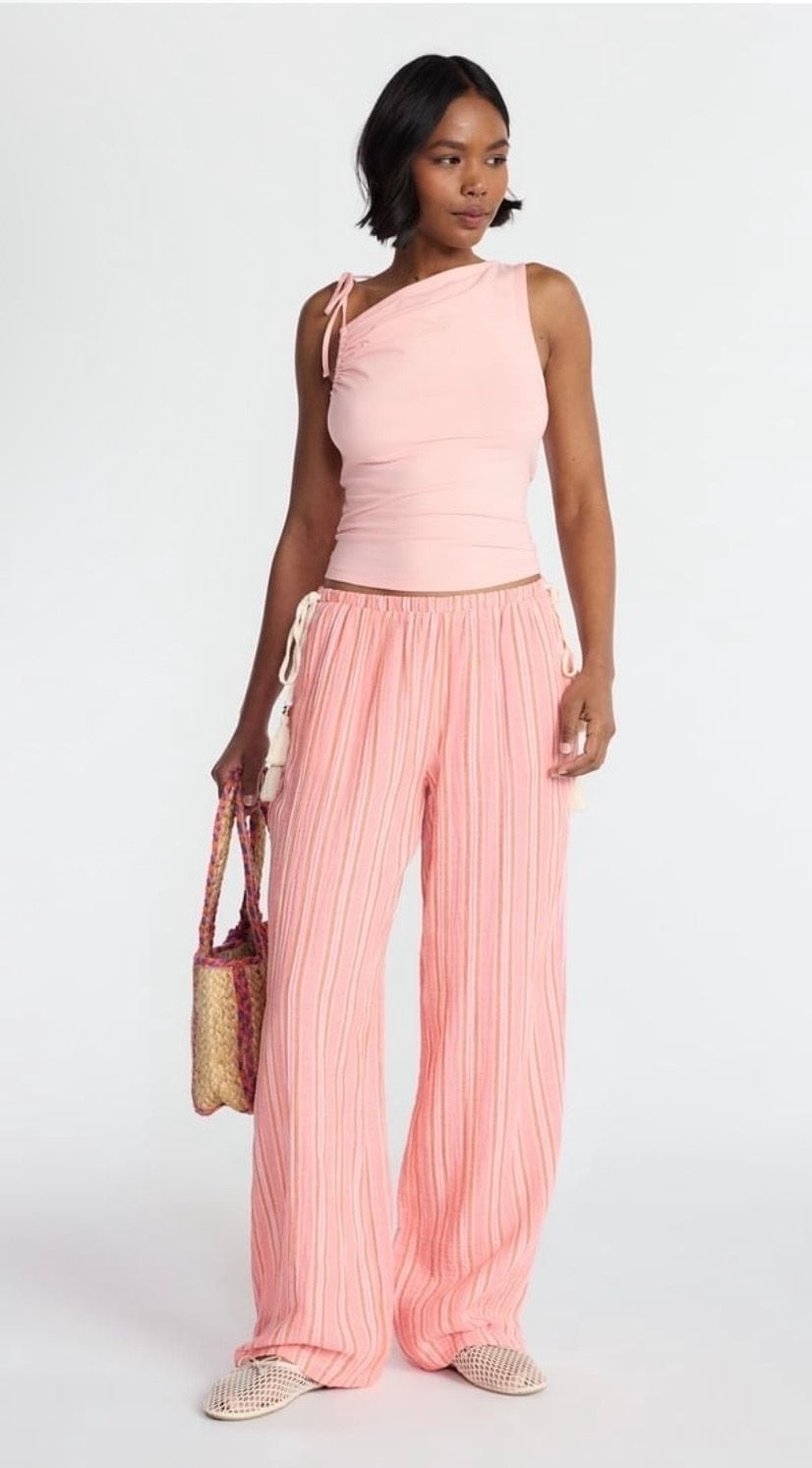 No Boundaries Women’s Cotton Gauze Side Tie Beach Pants in Pink Stripe