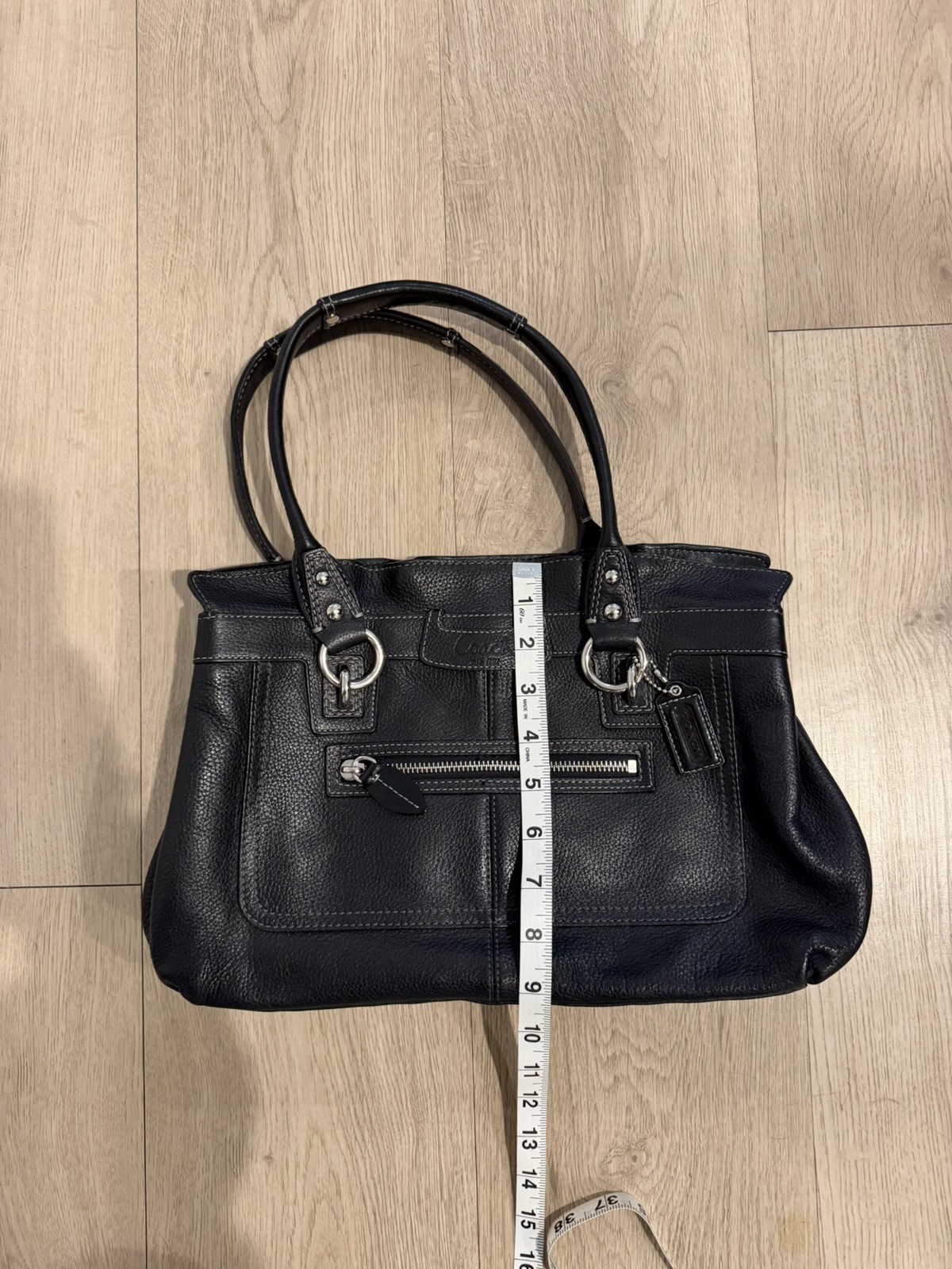 Coach Satchel F14686 Penelope Handbag Ruffled Top Tote Bag Black Pebbled Leather