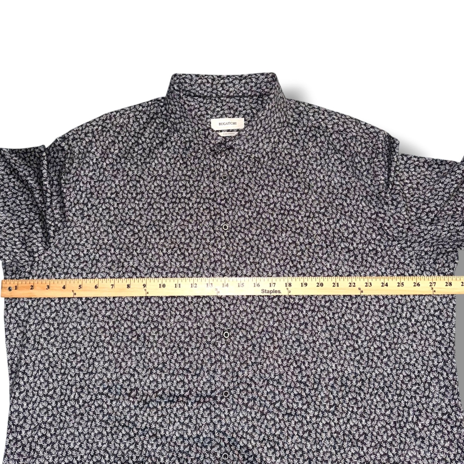 Bugatchi Button Up Shirt Men 3XL Black White Leaf Print 8-Way Stretch SS