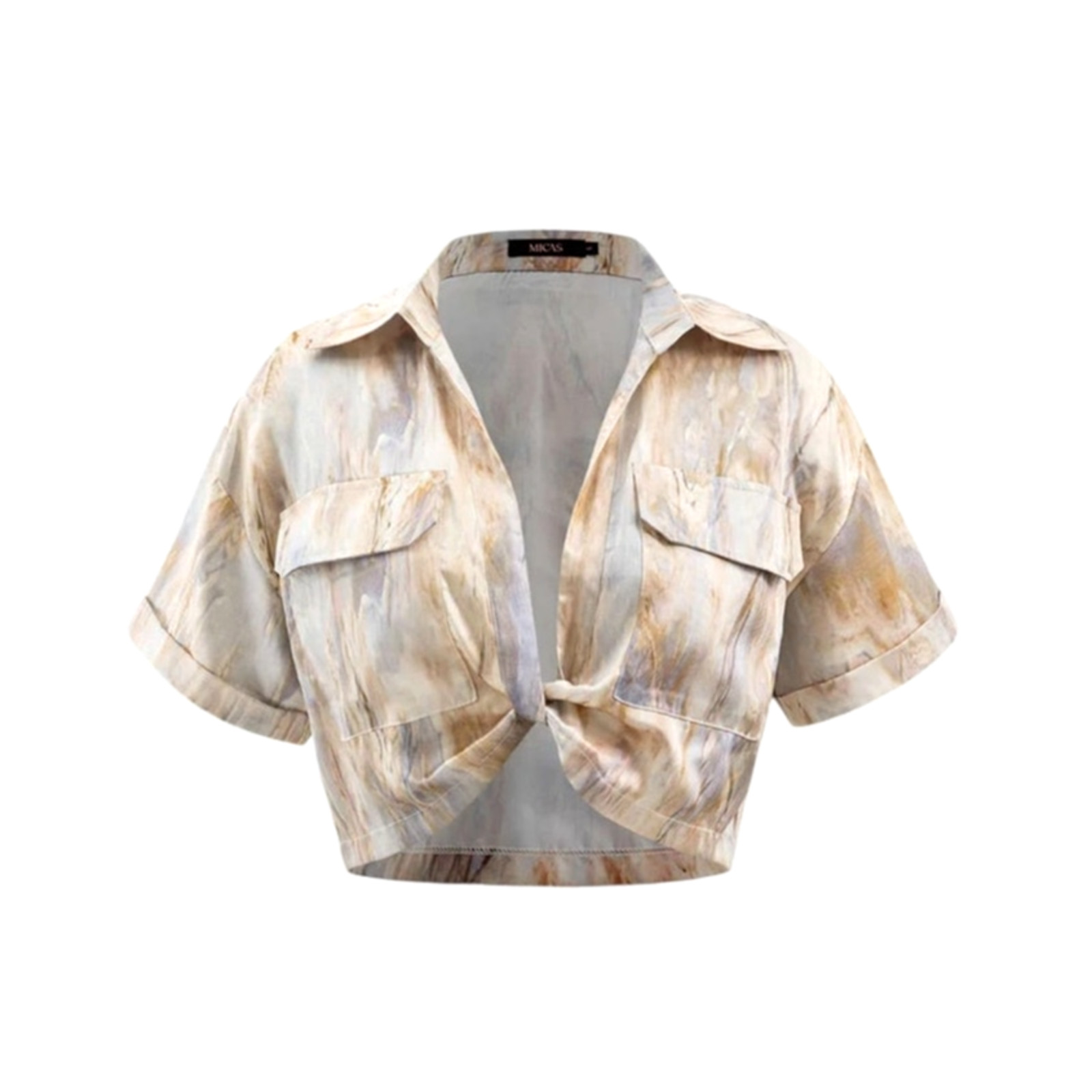 Micas Womens XSmall Multicolor Marble Print Twist Hem V-Neck Pocketed Crop Shirt