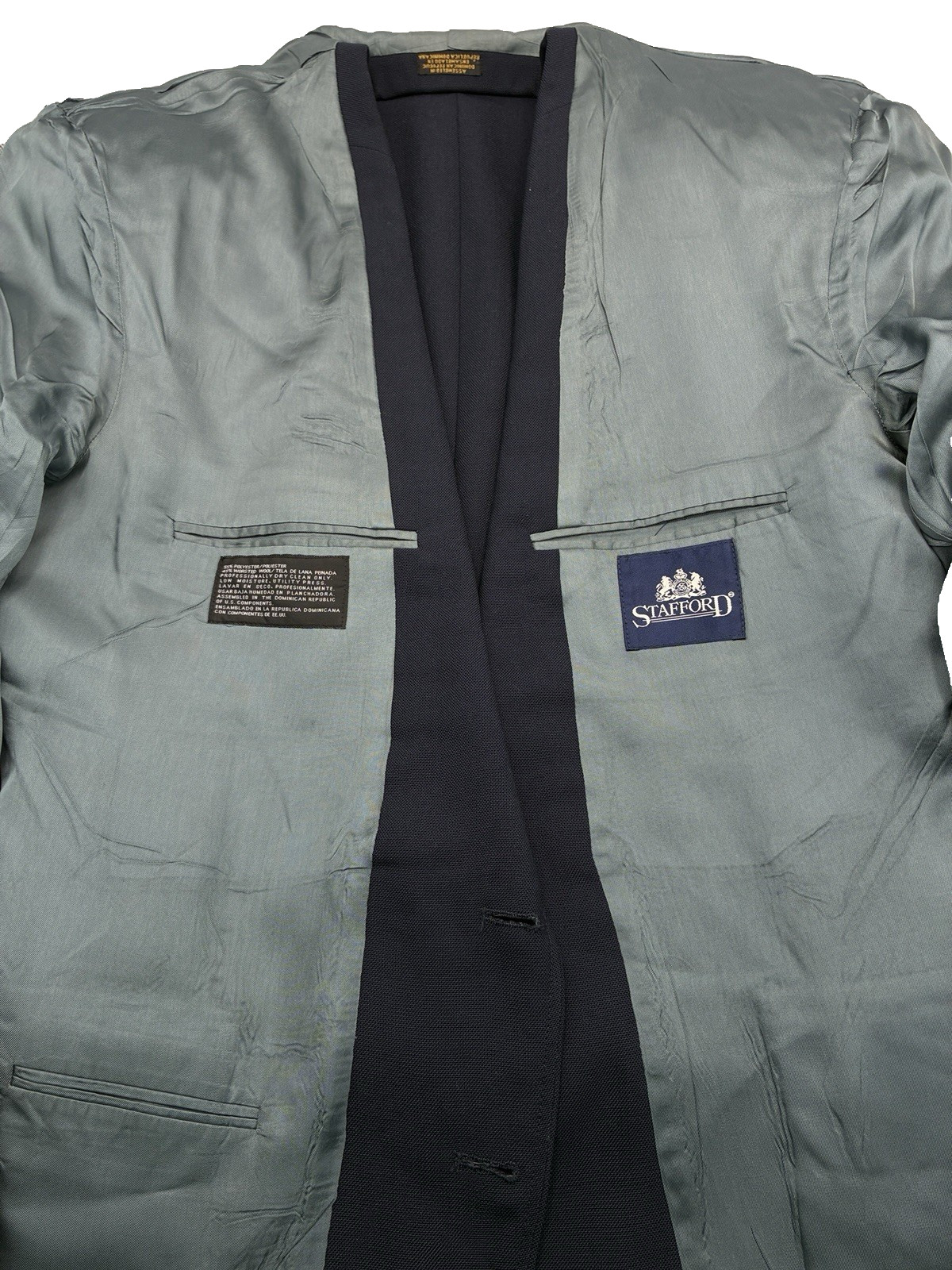 Stafford Navy Blue Gold Button Blazer Sport Jacket Mens 44R Worsted Wool Hopsack