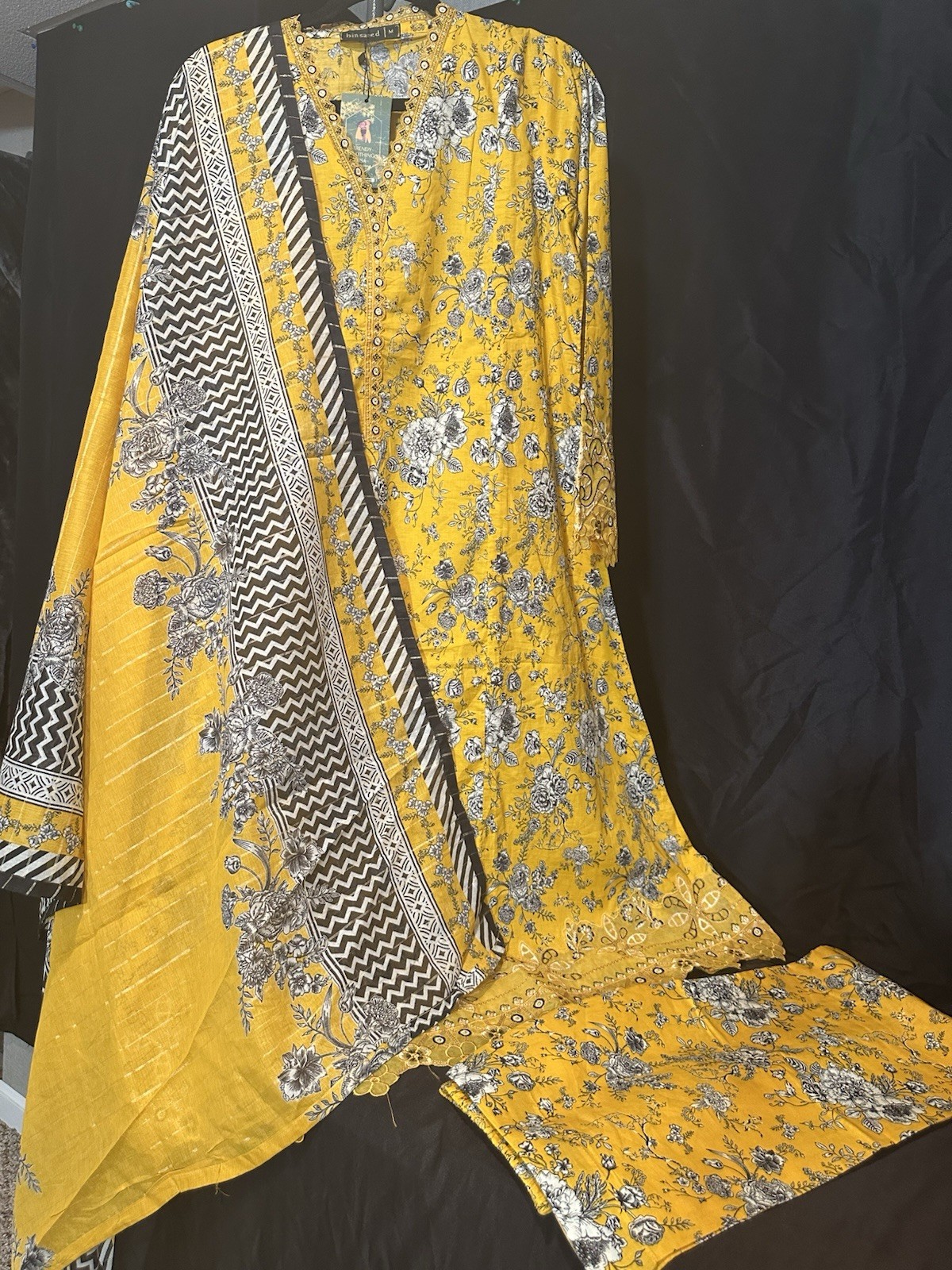 Premium Lawn Cotton 3 Pc Suit-Bin Saeed ,Cut Work Emb- Aline Style-M & L – $44