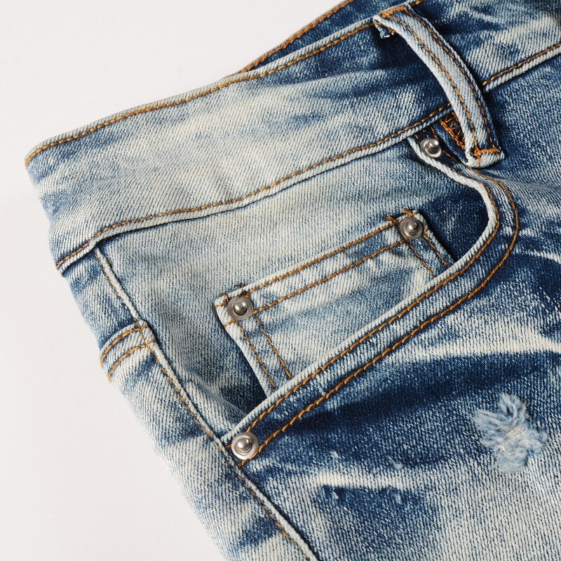 Men’s Slim Fit Stretch Denim Jeans with Paisley Patch Detail & Distressed Wash