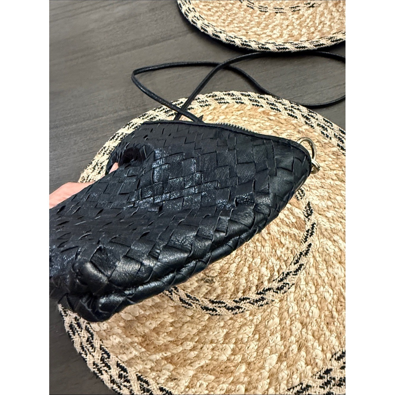 Elliott Lucca Black Woven Leather Crossbody Bag Small Zip Top Purse Handbag