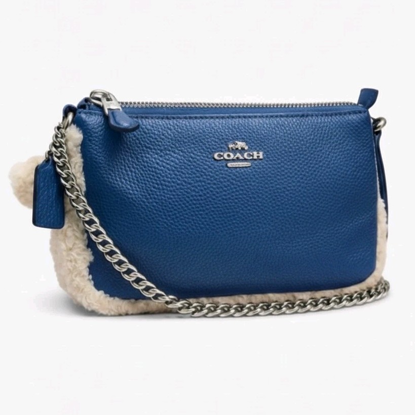 Coach Nolita 19 Shearling Blue Pebble Leather Wristlet Chain Bag NWT
