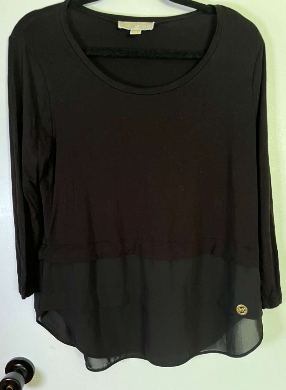 Michael Kors Black Layered Hem Tunic Top Gold MK Logo Large