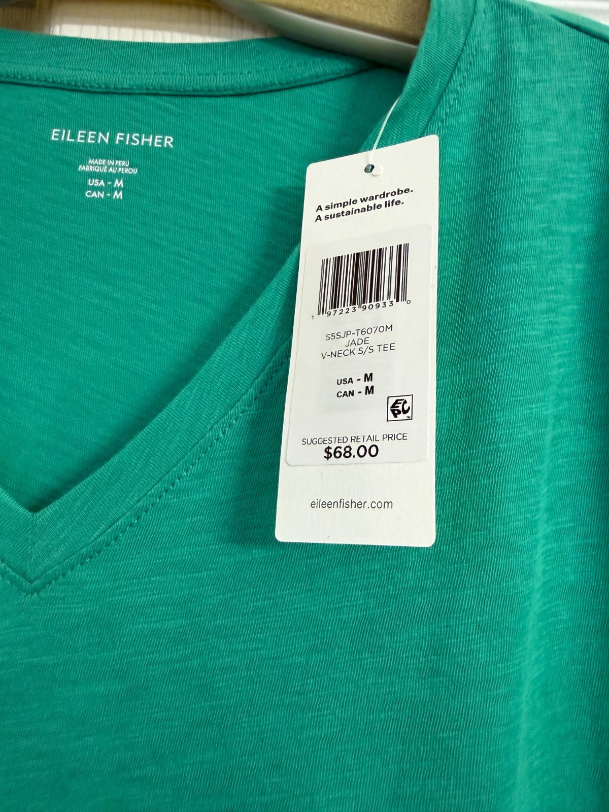 NWT $68 Eileen Fisher Jade Organic Cotton Slubby Jersey V-Neck Tee M