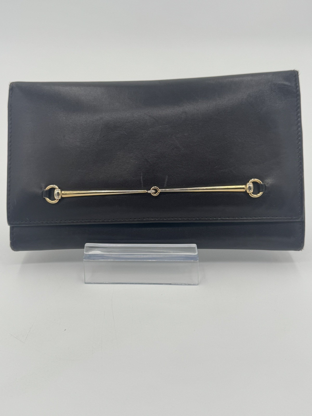GUCCI Horsebit Long Wallet Clutch Tainted Indigo/Brown Leather Gold Hardware