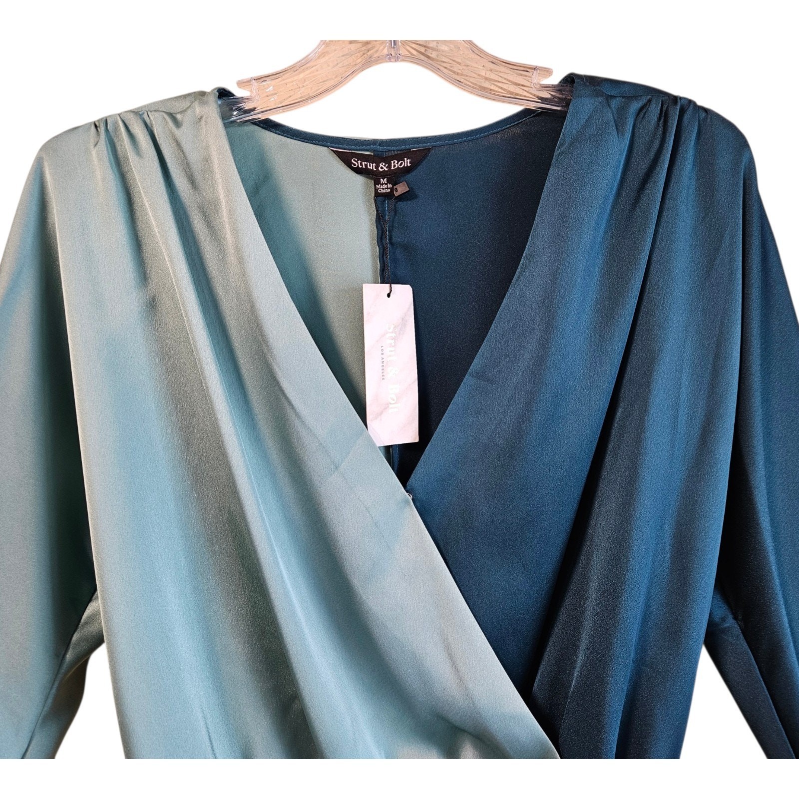 STRUT & BOLT Women S Blouse Bodysuit Satin Jade Dark Teal Puff Shoulder 46″ NEW