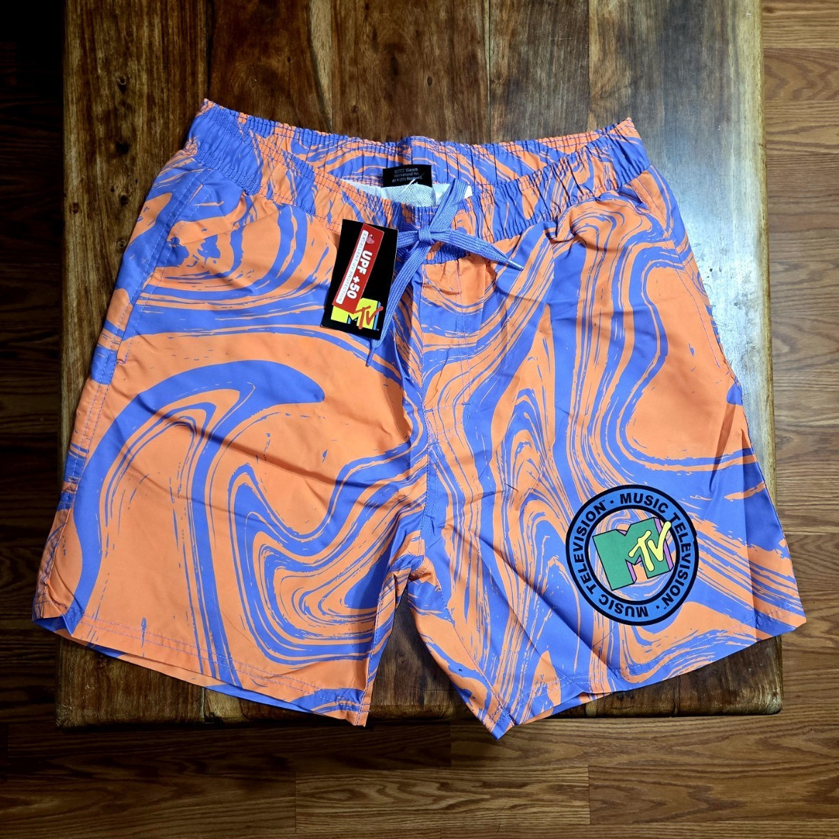 MTV Men’s Throwback Retro Swim Shorts in Orange & Purple. Size Large