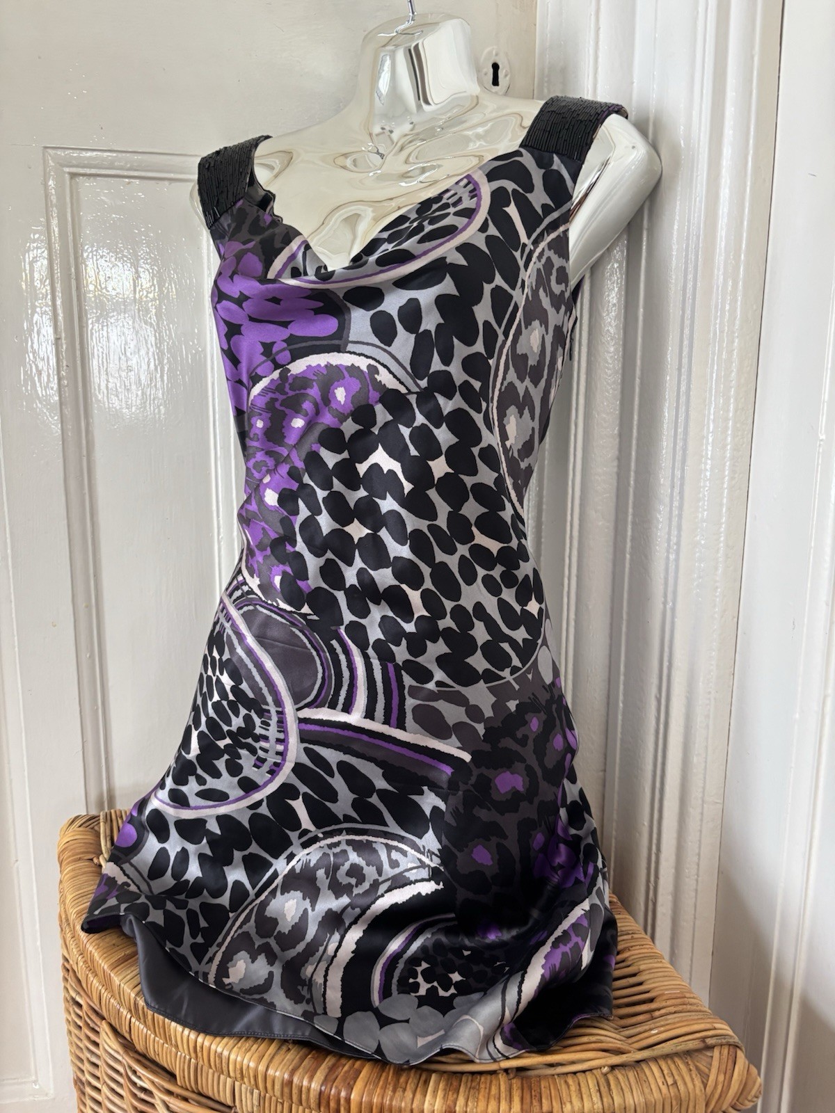 Vintage Ted Baker London 100% Silk Dress Sz 2 UK 10 Y2K Beaded Straps Purple