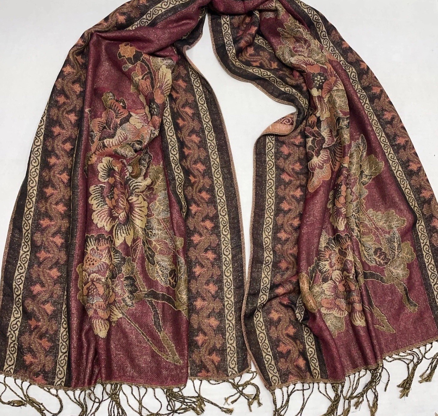 Elegant Floral Wrap Fringed Scarf Maroon Gold Black Oblong Rectangle Sparkle 72”