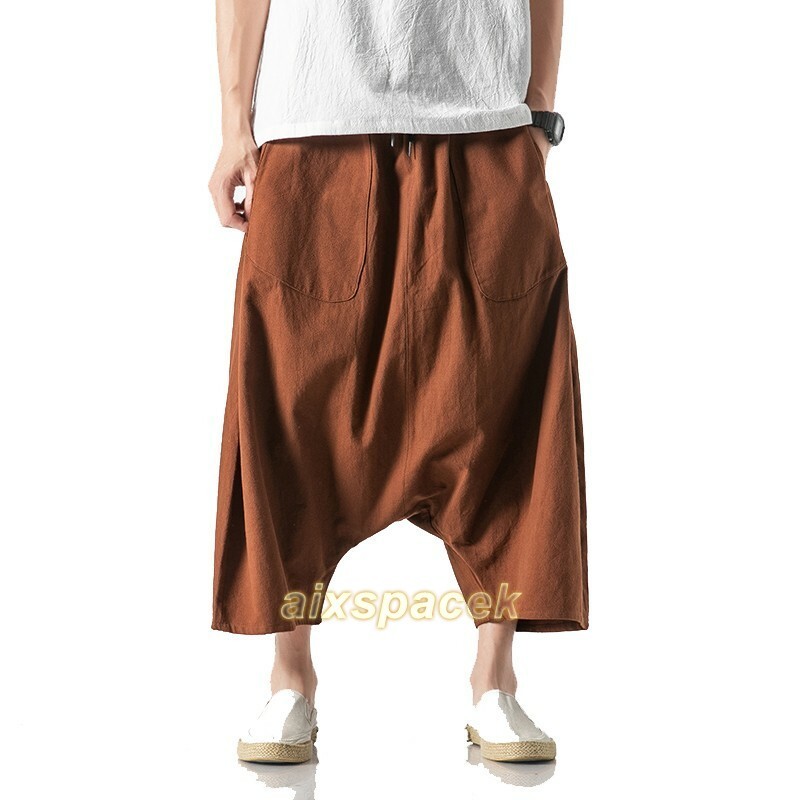 Summer Men’s Cotton Linen Drop Crotch Baggy Big Fork Pants Trouser Chinese