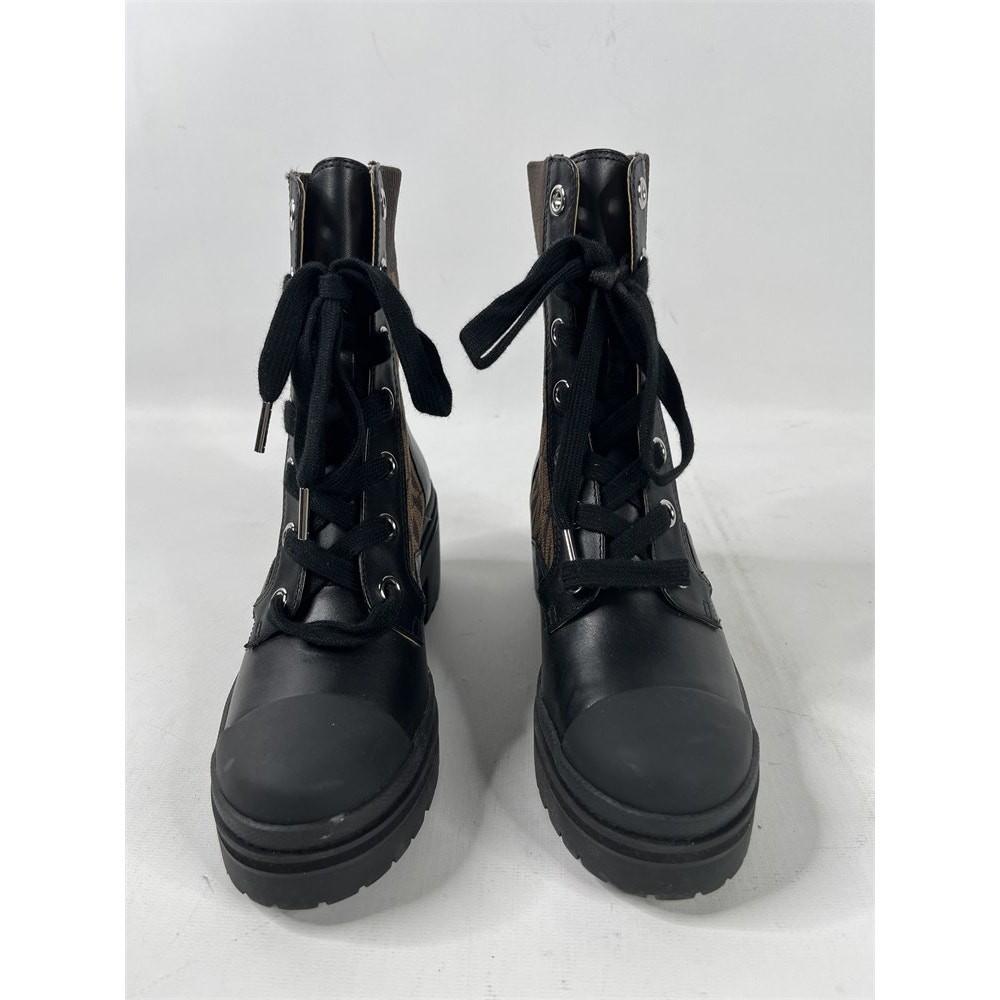 Michael Kors Brea Black Leather & Brown Logo Jacquard Combat Boots 6M