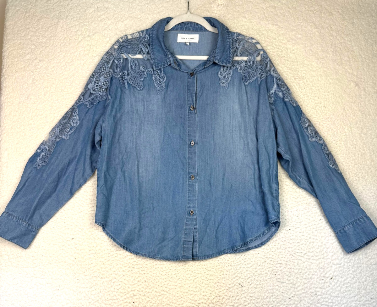 Dear John Shirt Womens Small Blue Chambray Embroidered Lace Western Boho Cowgirl