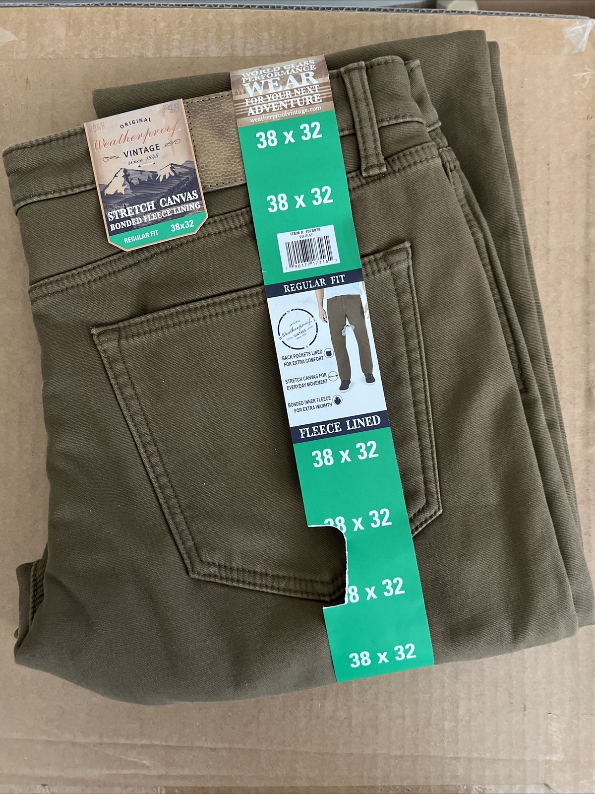 Weatherproof Men’s Reg Fit Fleece-Lined Stretch Canvas Pants, Wheat/Brown, 38×32