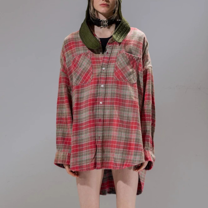 R13 DROP NECK WORKSHIRT Loose-shouldered Stylish Layered Classic Plaid Size S