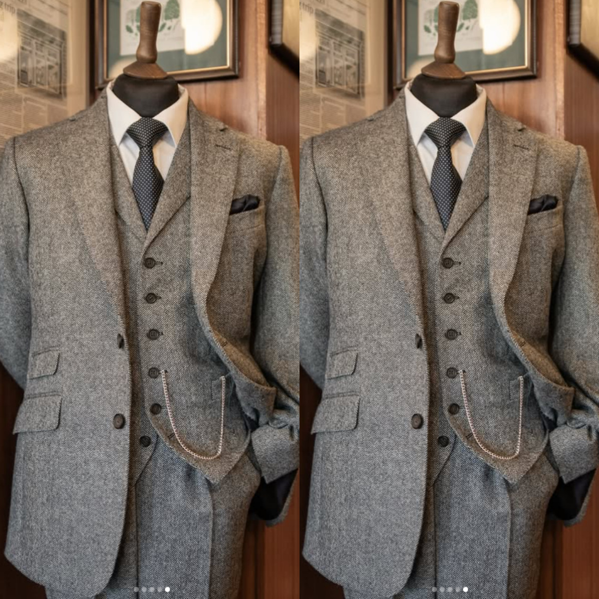 Vintage Men’s Tweed Suit Warm Winter 1920 Workwear Office 3Pcs Jacket Tuxedo