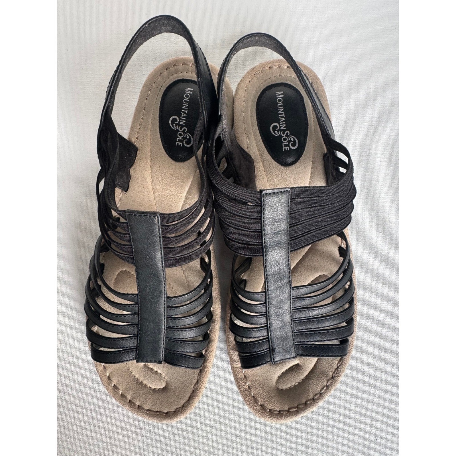 Mountain Sole Sandals Women 10 Wide Black Strappy Elastic Slingback Casual Boho