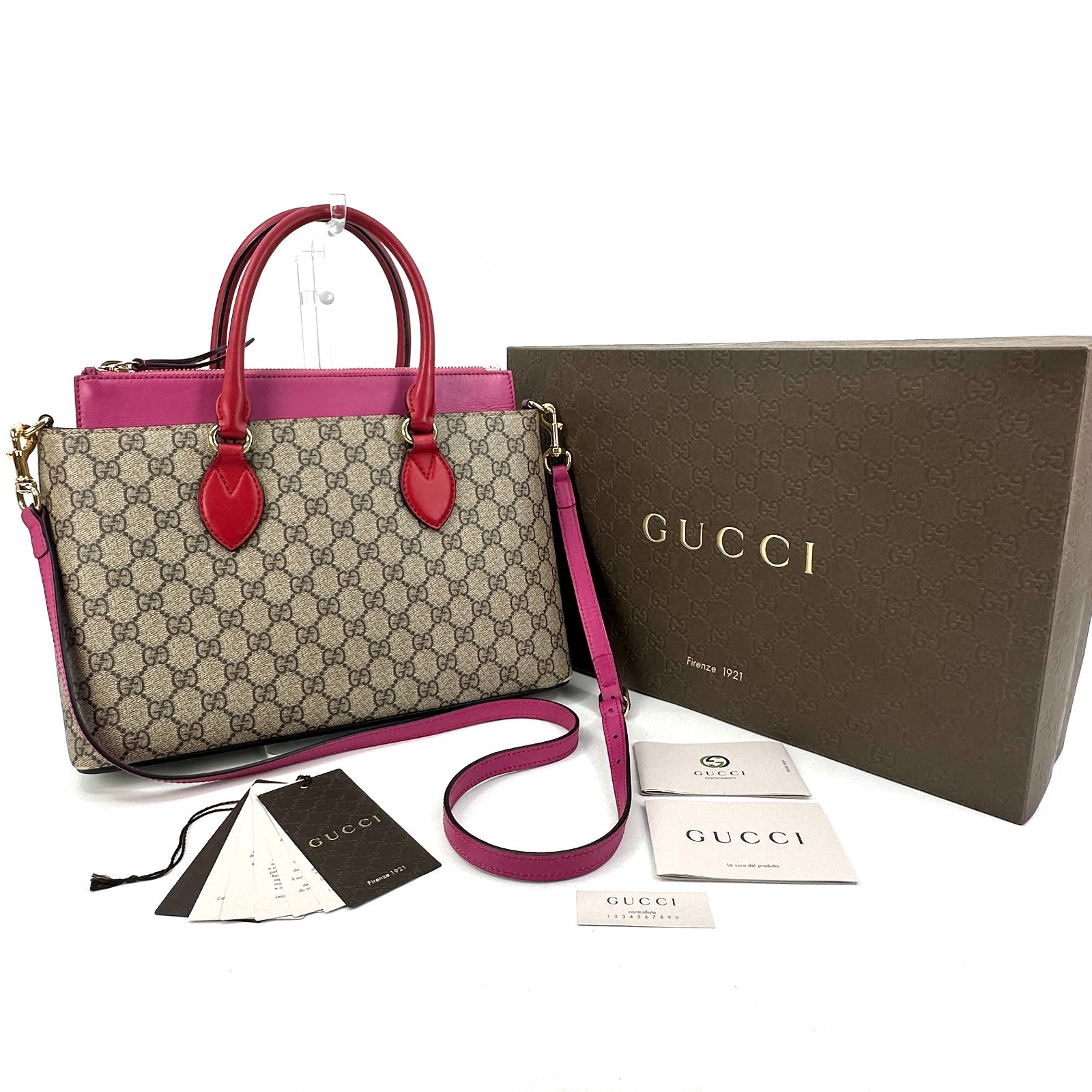 Gucci GG Supreme Monogram 2 Way Purse Bag Tote Pink