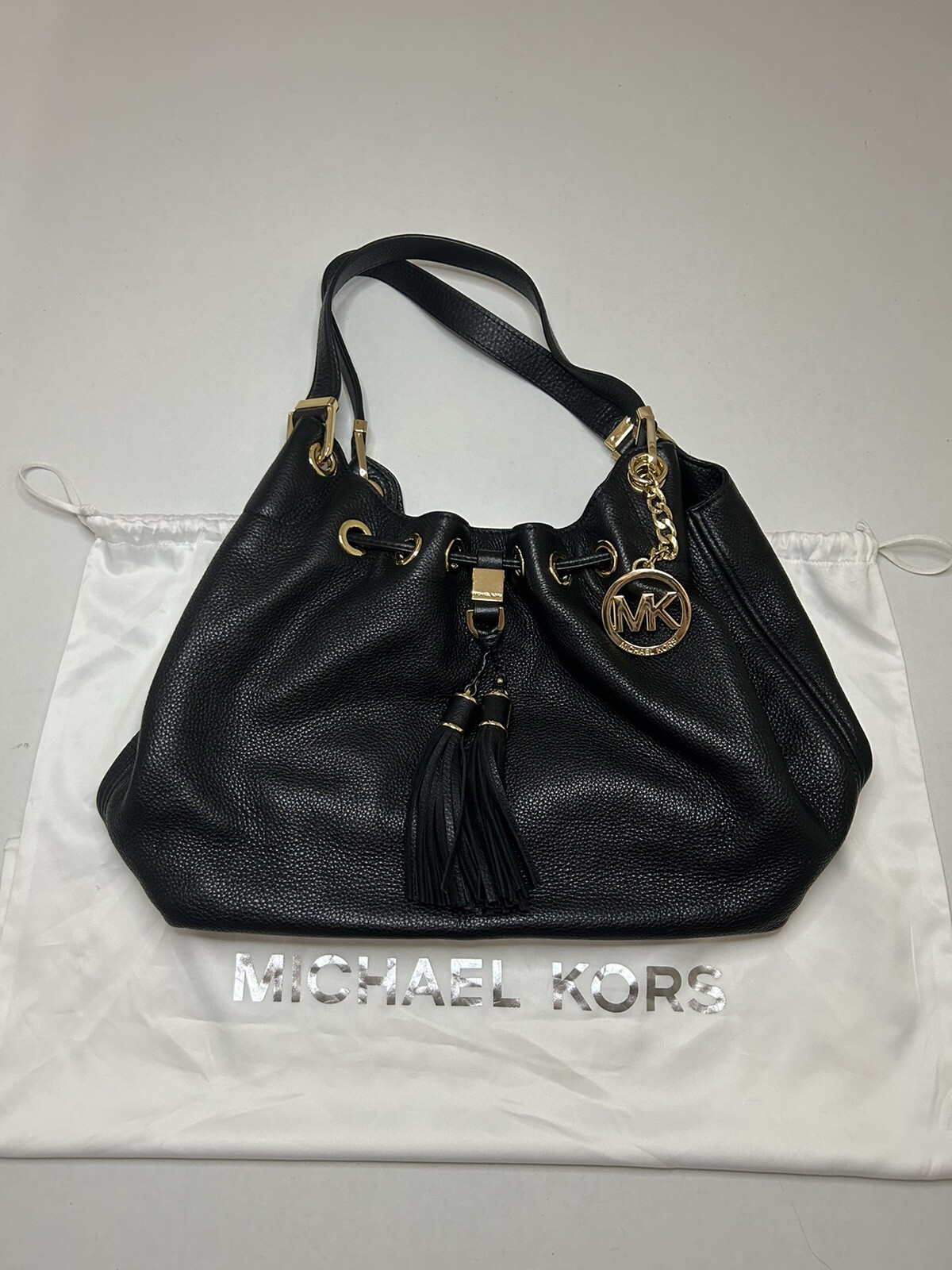 Michael Kors Camden Pebbled Leather Black Handle Purse With Tassels and Dust Bag