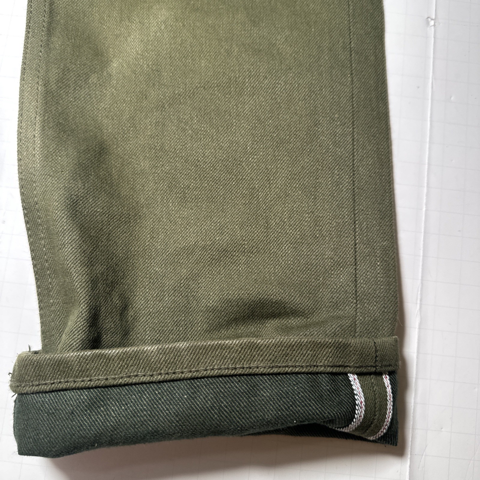 Gustin Mens Slim Fit Raw Selvedge Jeans Olive Green Size 34 x34 Made n USA Denim