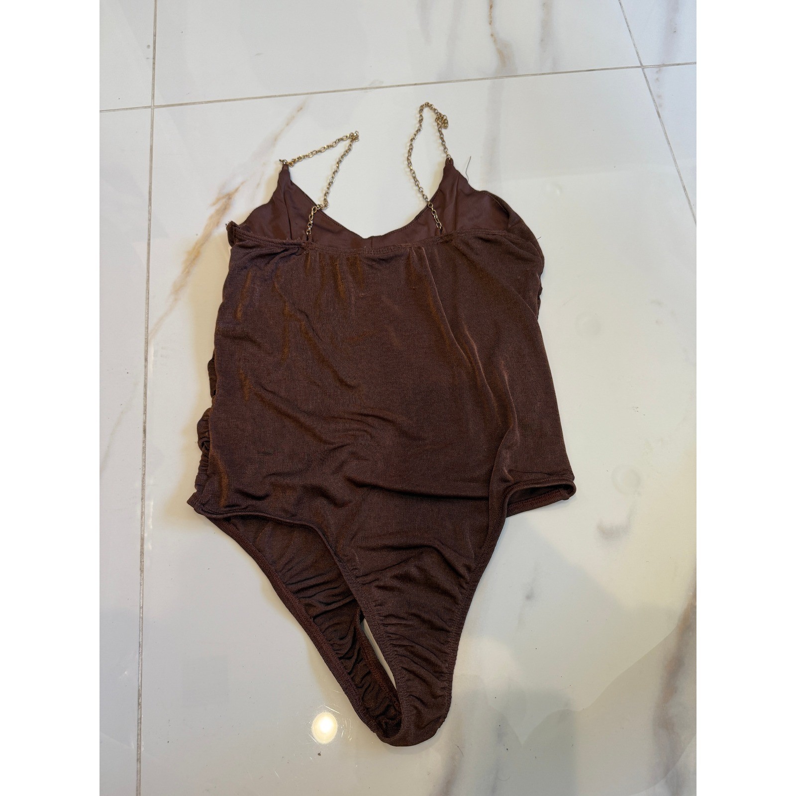 Just Polly New York Brown Ruched Bodysuit Gold Chain Straps Size L