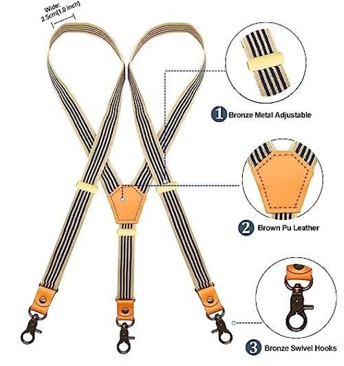 Adjustable Suspenders for Men Bronze Metal Clips One Size Snap Hooks/Beige