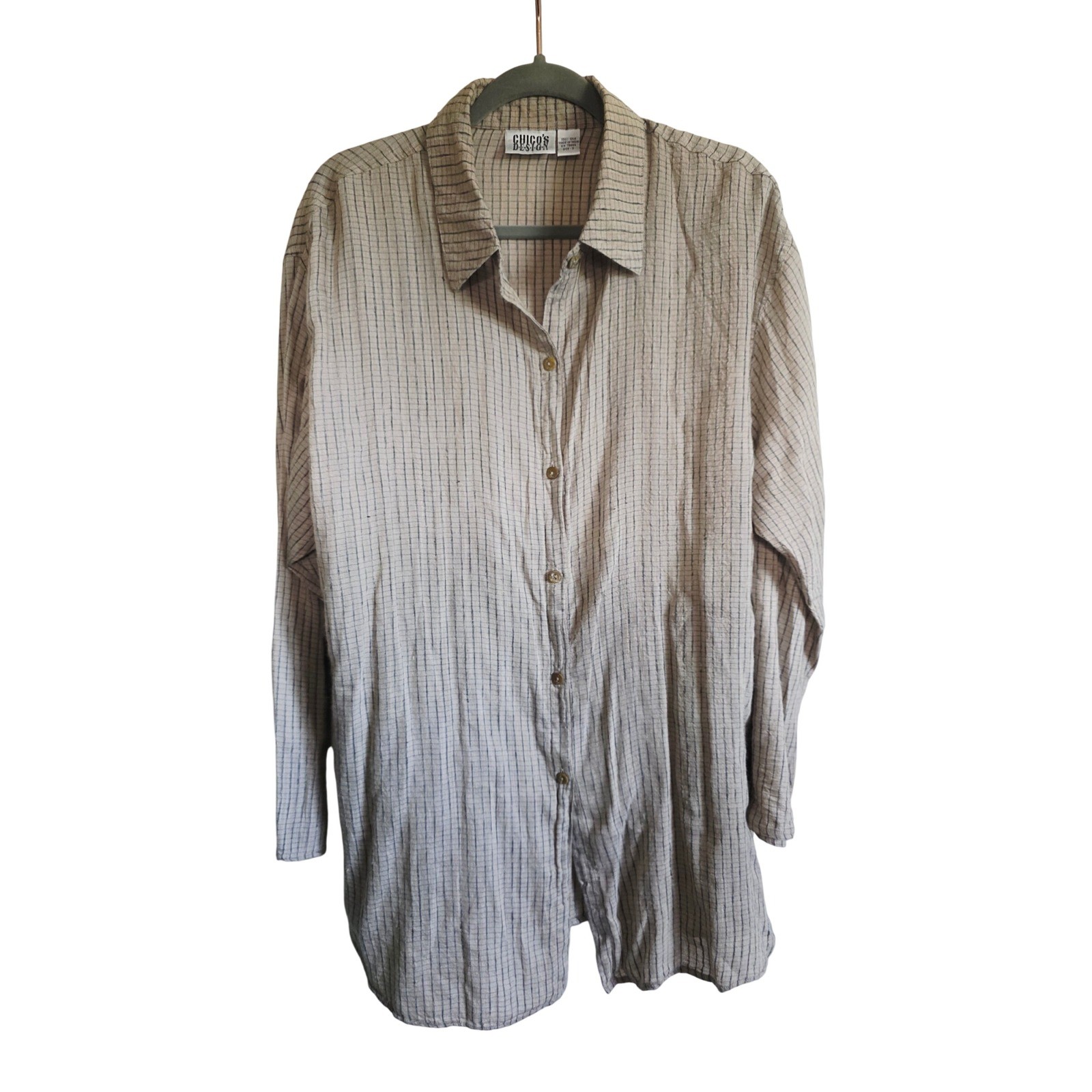 Chicos Design 3 Vintage 100% Silk Grid Long Tunic Shirt Tan Black Womens XL