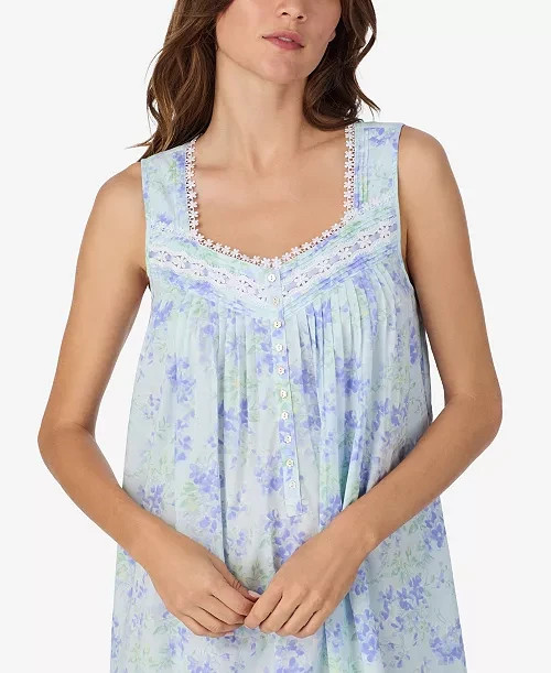 Eileen West Blue Multi Floral Sleeveless 100% Cotton Lawn Ballet Nightgown S