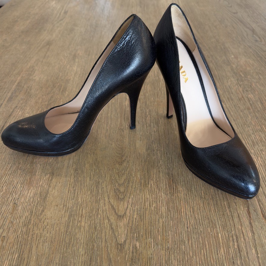 PRADA 120mm Saffiano Pumps-Italian Designer Black Round Toe High Heels-Sz US 8.5