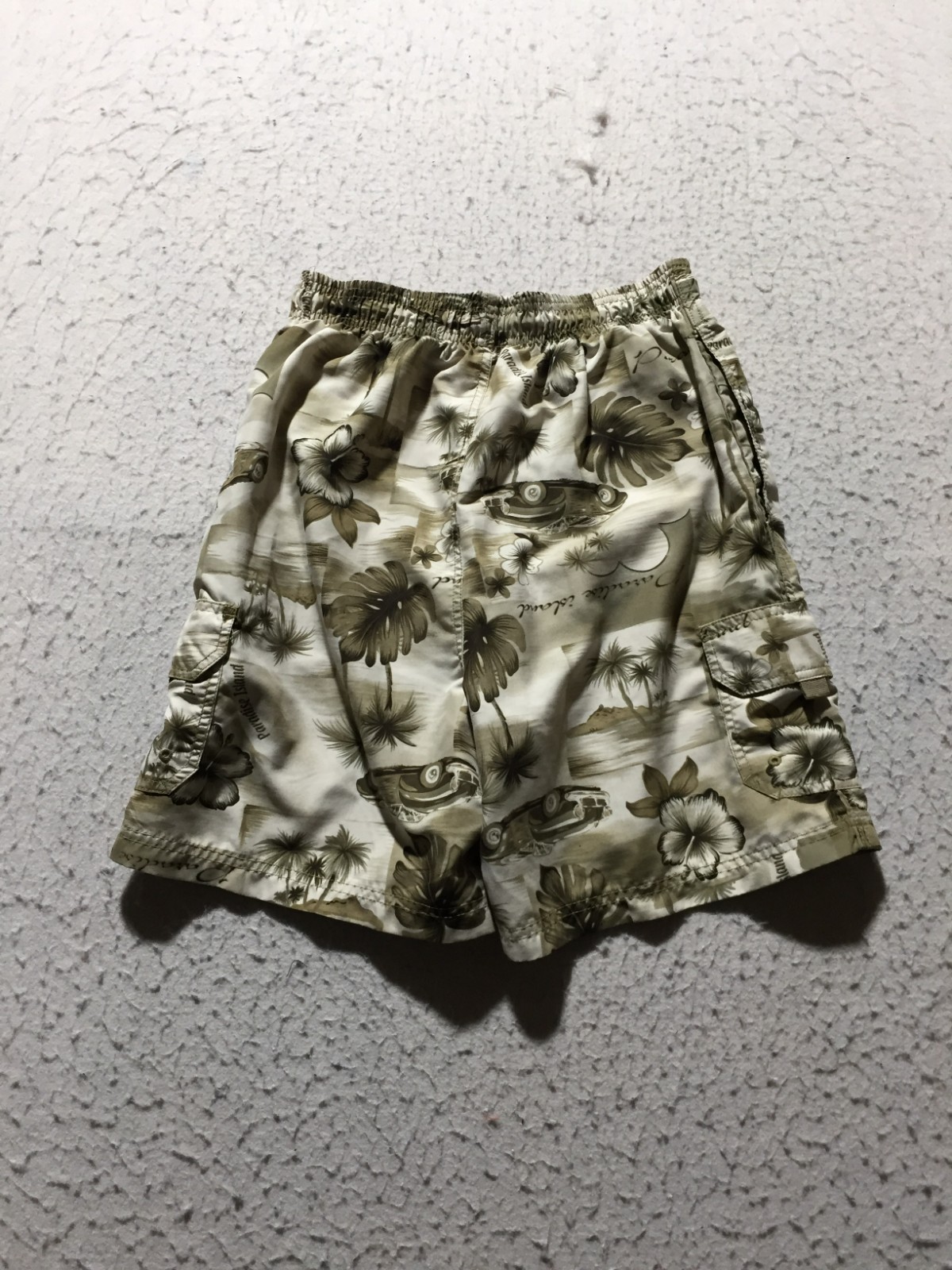 Sand N Sun Swim Trunks Mens M Medium Beige Flowers Trucks Elastic Drawstring