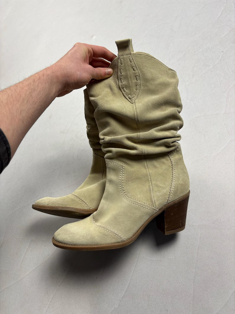 Vintage Style Suede Slouchy Ankle Boots Western Block Heel Bootiees Boho Cowgirl