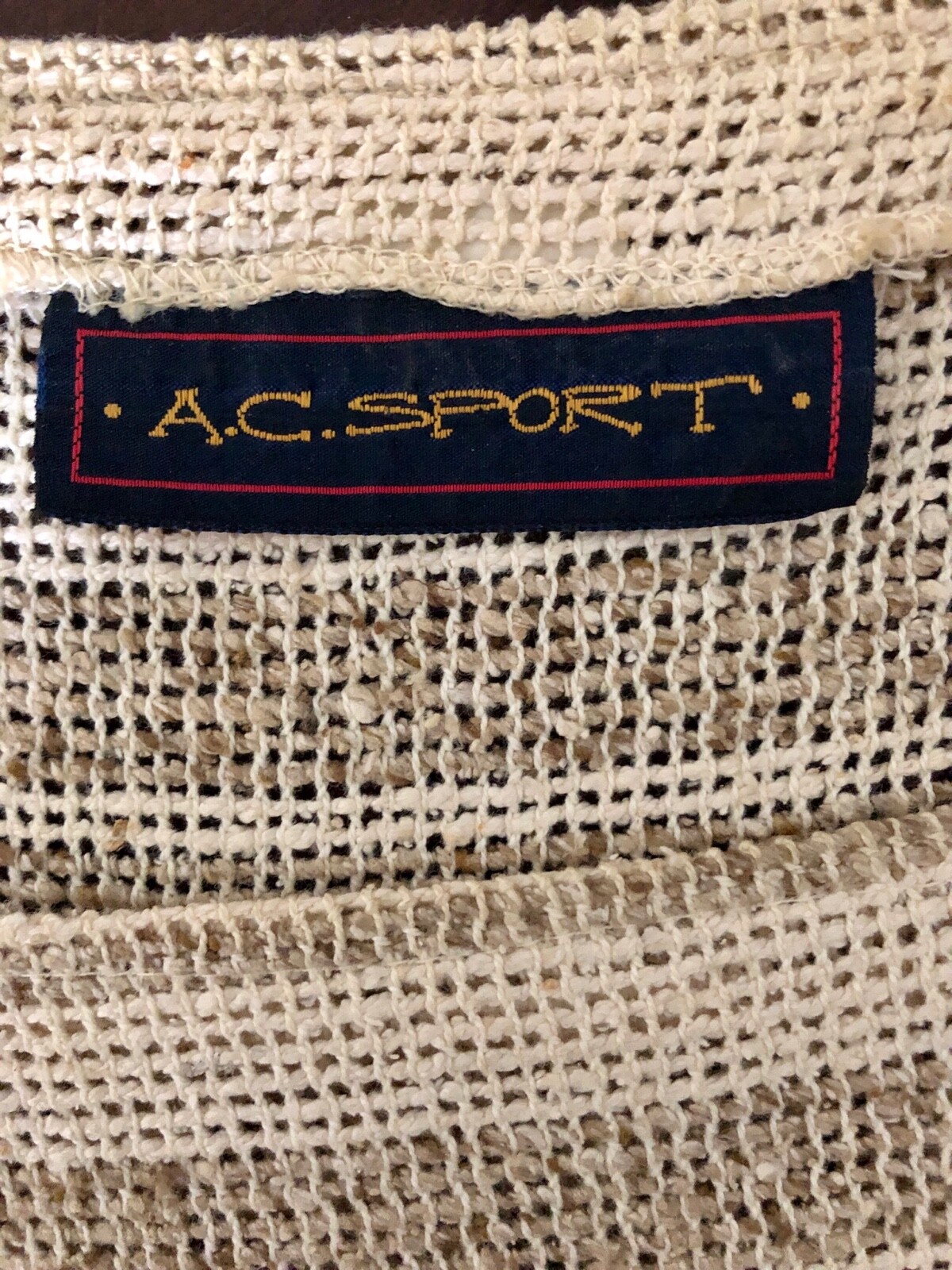 A.C. SPORT LADIES SMALL CAP SLV BROWN BEIGE BURLAP WOVEN MESH TOP W/ TIE SZ S