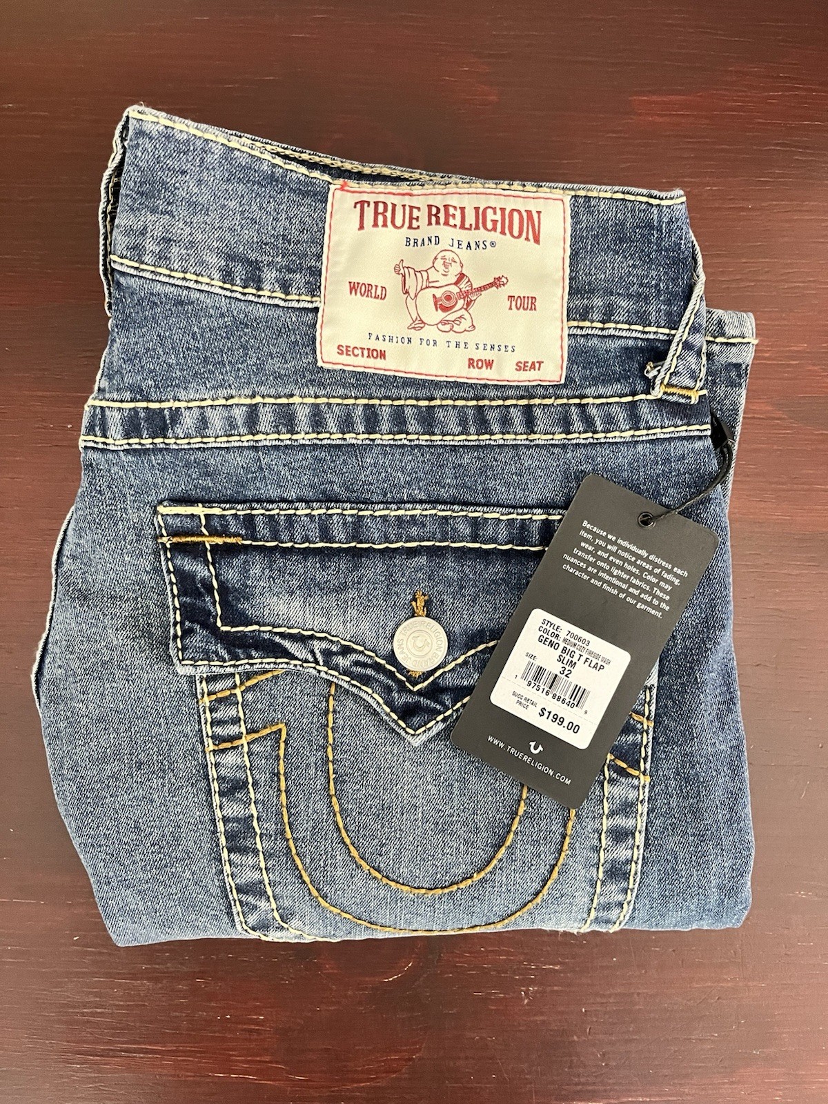 True Religion Jeans GENO Big T Flap Slim Mens 32×32 Cozy Fireside Wash Blue