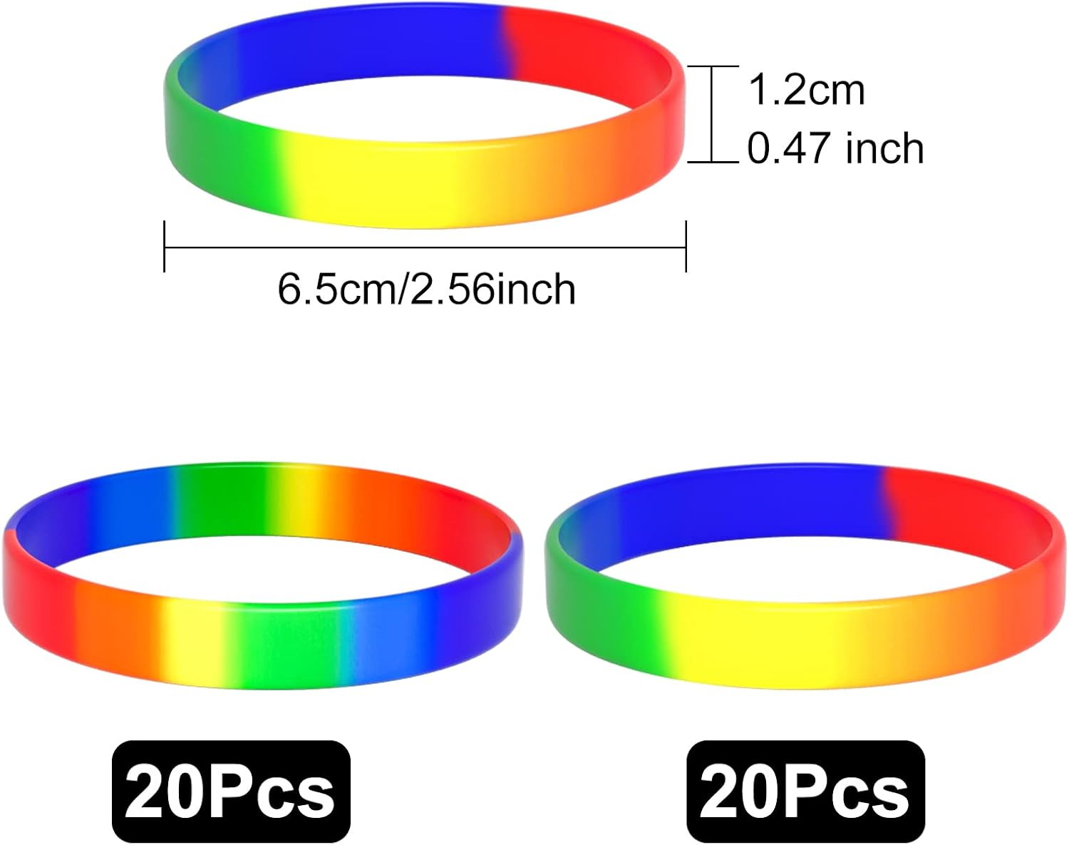 40Pcs Rainbow Silicone Wristbands LGBT Pride Unisex Iridescence Size 21.5Cm/8.46