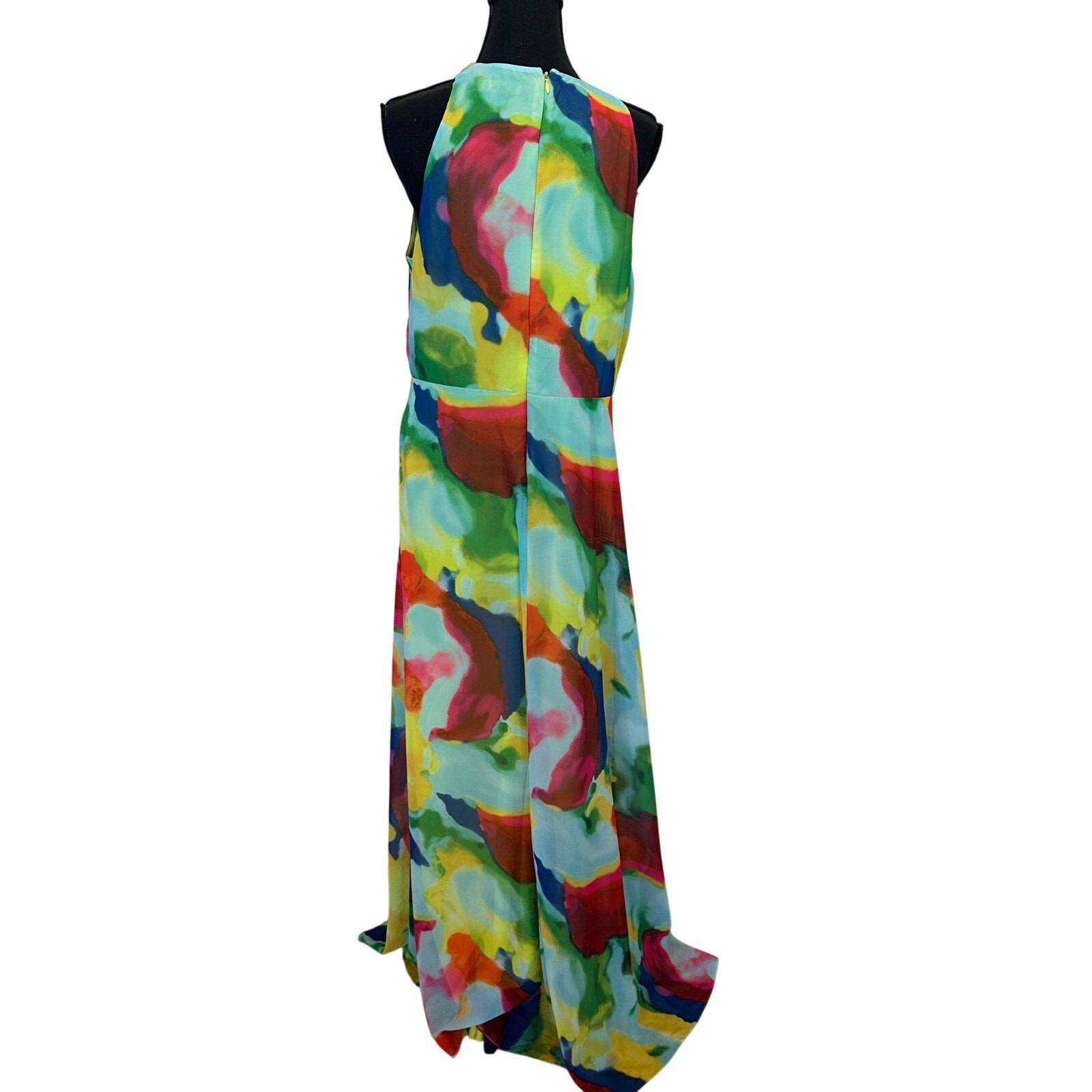Ralph Lauren Rainbow Watercolor Chiffon Gown SIZE 14 Plunging Maxi Designer $265
