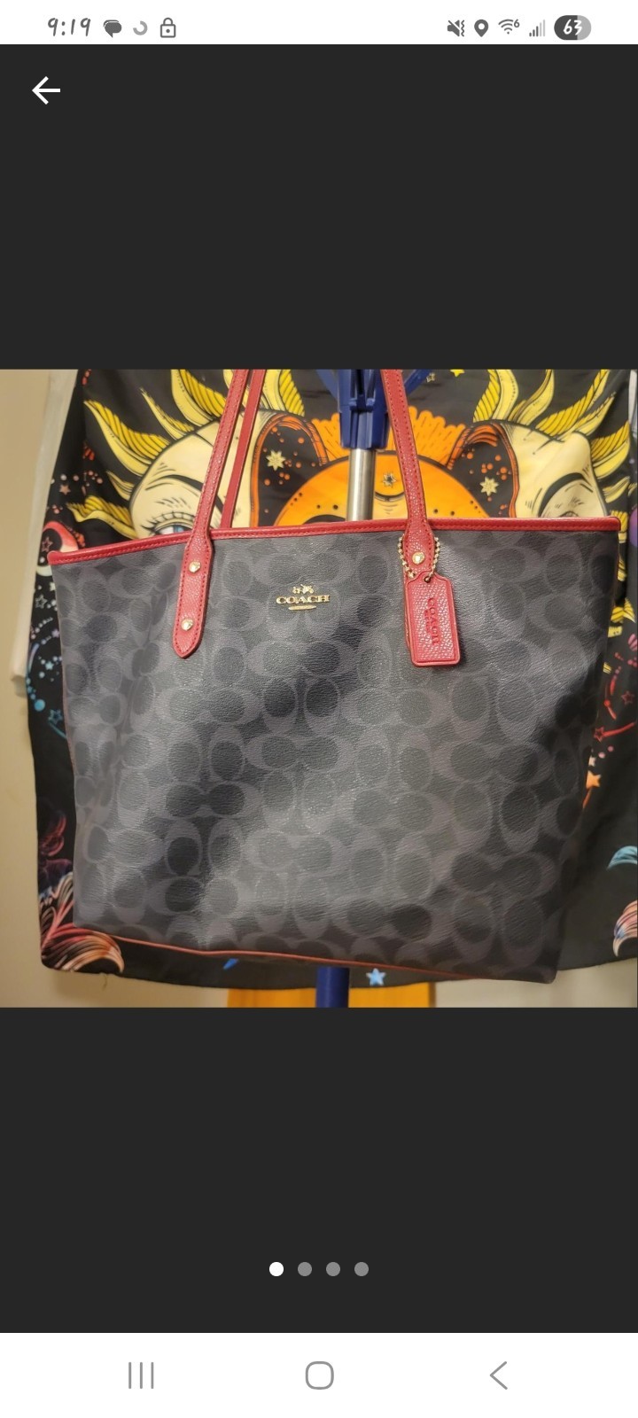 Coach Signature Logo Navy/Red Tote Gold Hardware Double Handles Hang Tag Charm