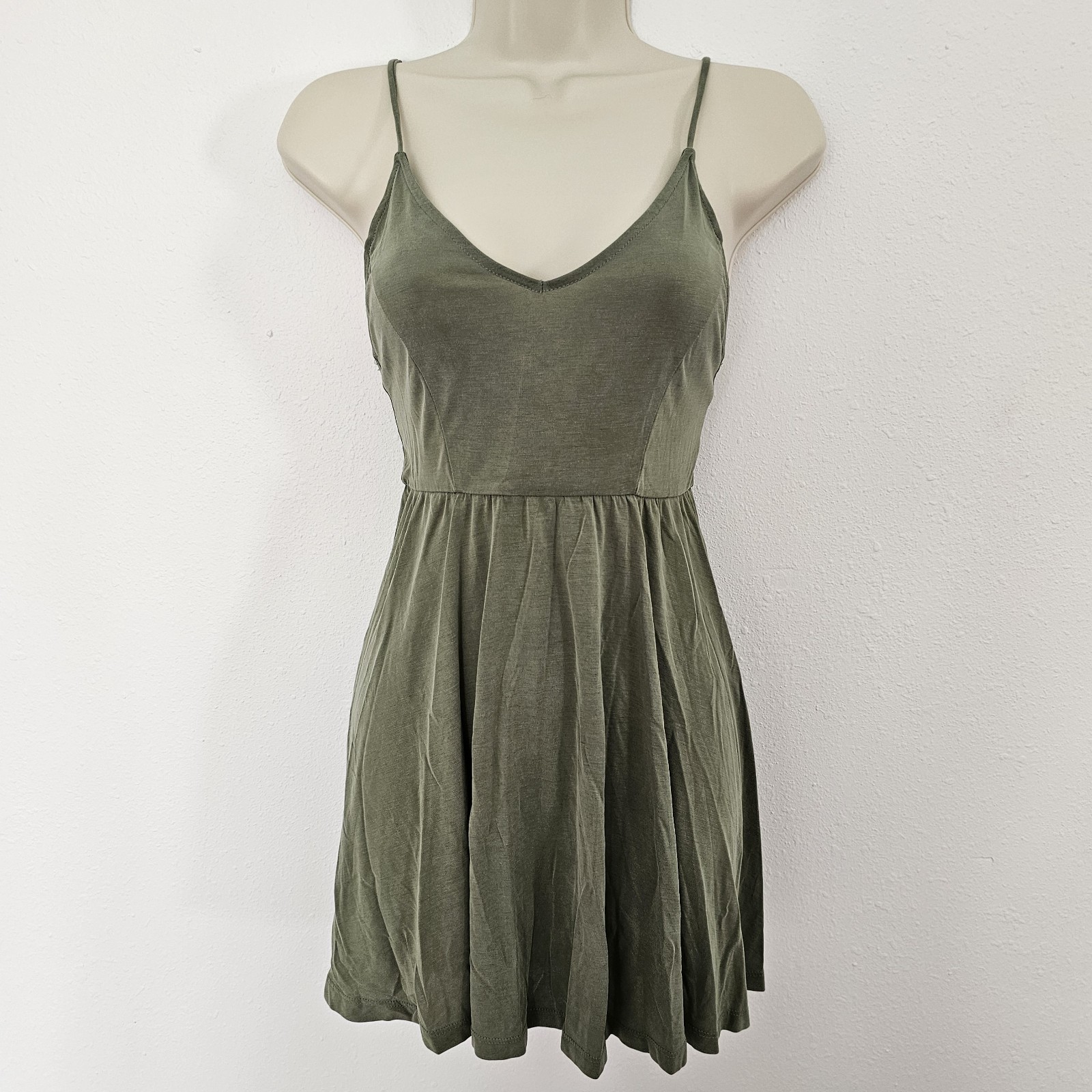 Boho Forever 21 Olive Green Mini Dress Sz S SOFT Stretch Fit & Flare Earthy