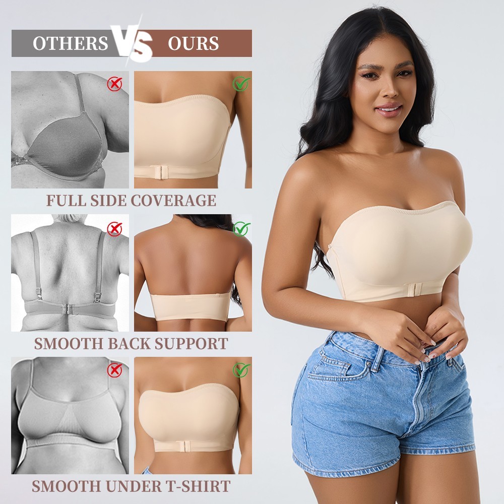 3 Pack Strapless Wireless Bra Anti-Slip Bandeau Front Closure Padded Bralette