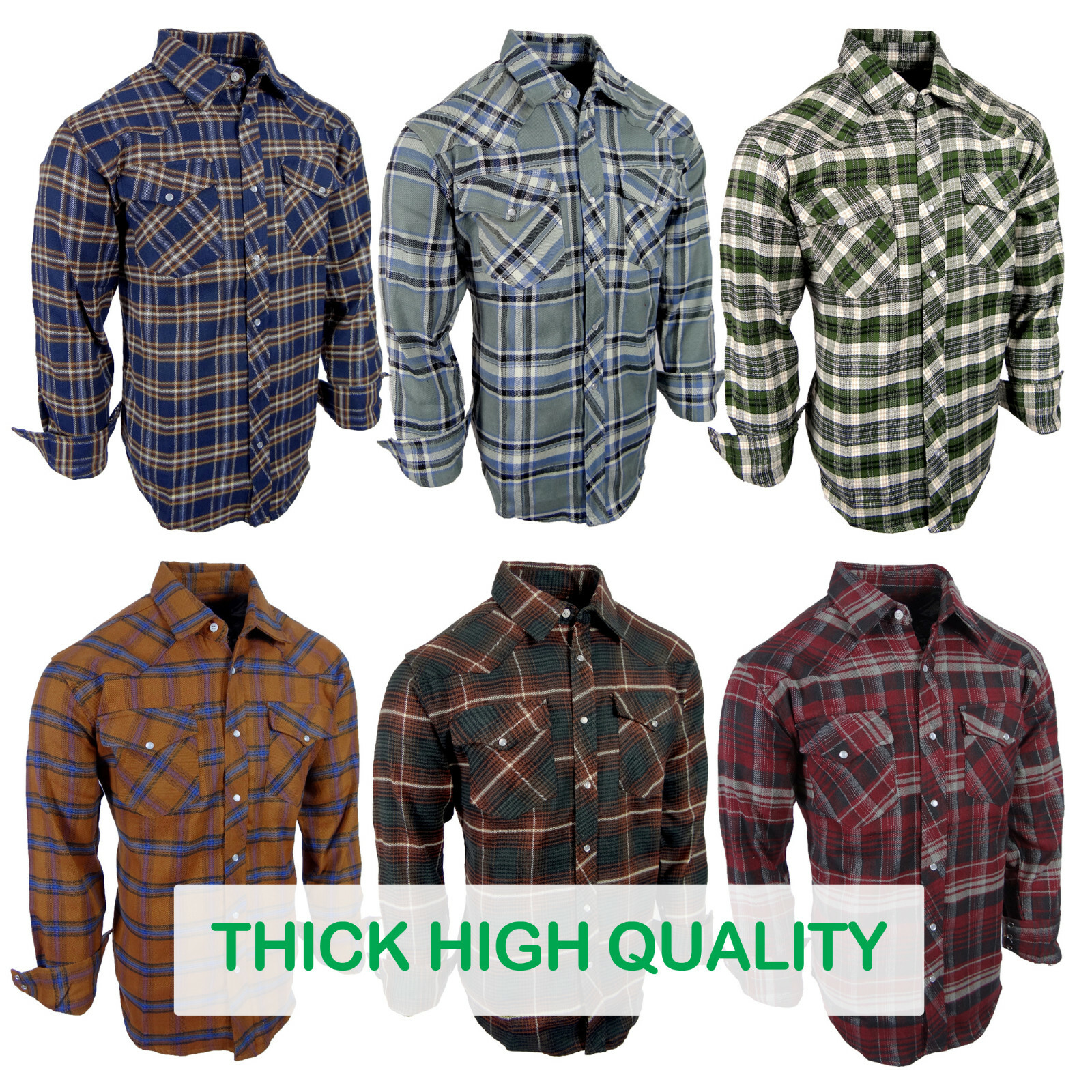 Workwear Thick Flannel Plaid Shirt Mens Rugged Brawny Snap Flap Pockets Western
