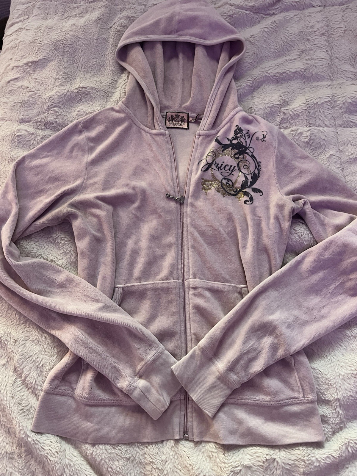 Juicy Couture Purple pinkish Velour Hoodie Full Zip Glitter Logo Pockets Women M