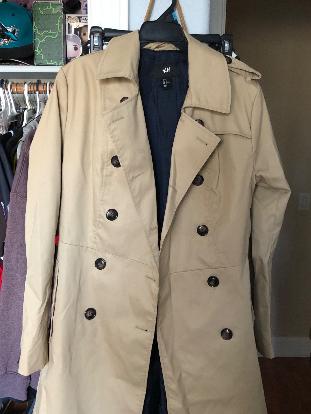 H&M Trench Coat Womens Size 12 Beige Cotton Stretch Pockets Collared Long Sleeve